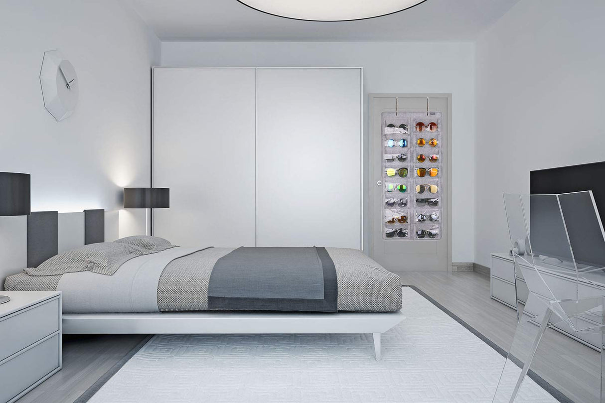 AROUY Sunglasses Organizer Storage, Hanging Dust Proof Wall Pocket Glasses Organizer - 16 Felt Slots Sunglass Organizer Holder with Metal Hook and Sturdy Rope (Gray, Dust Proof) AROUY