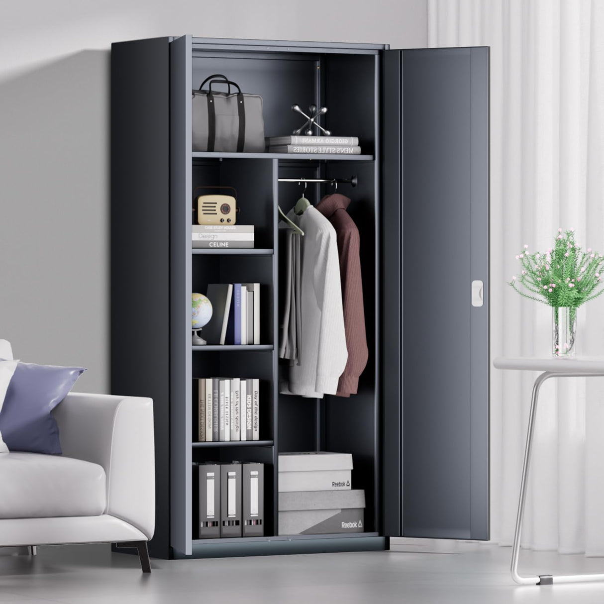 DNA MOTORING Metal Storage Cabinet, 72" Storage Wardrobe with Lock and Hanging Rod, Locking Cabinet Heavy Duty Utility Cabinet with 4 Shelves for Garage,Office,Home,Gym, Gray, TOOLS-00633-GY-GY DNA MOTORING