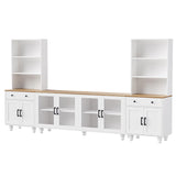 RuiSiSi Farmhouse Entertainment Center with 2 Bookshelves & Tempered Glass Doors, TV Stand with Adjustable Shelves for TVs up to 70'', Media Console with Solid Wood Gourd-Shaped Legs, White RuiSiSi