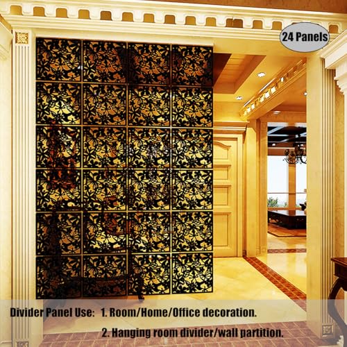 LRZCGB Hanging Room Divider,24 Pieces PVC Screen Partition Panel with Butterfly Flower Bird for Living Dining Study Sitting-Room Hotel Bar Decoration (Black, 24) LRZCGB