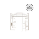 REALROOMS Serenity Studio Twin Metal Loft Bed with Integrated Desk and Shelves, Off White REALROOMS