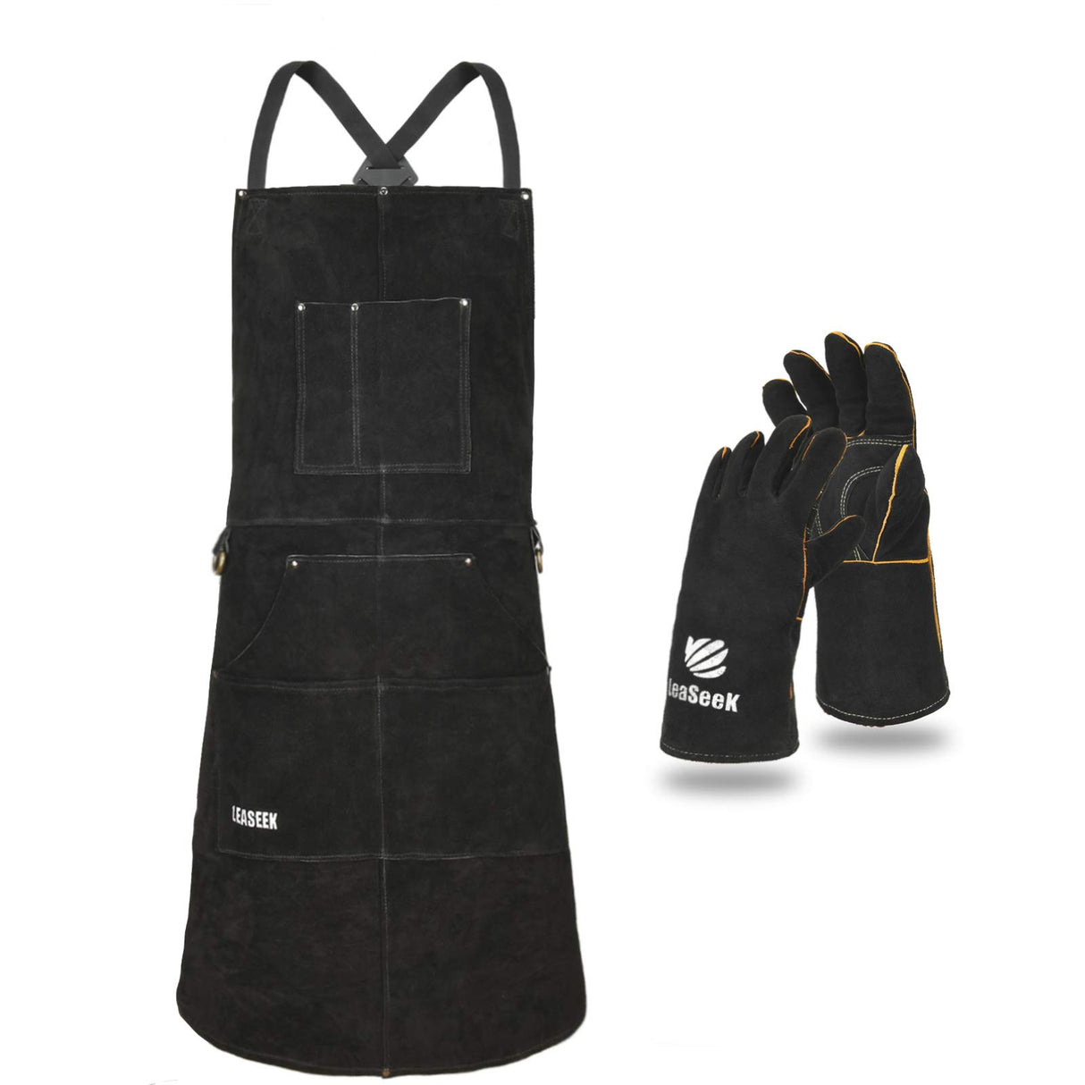 Leather Work Apron with Gloves - 6 Tool Pockets for Men& Women - Welding Apron - Ideal for Woodworking, Blacksmithing, Gardeners, Mechanics, BBQ - Adjustable M to XXXL LeaSeek