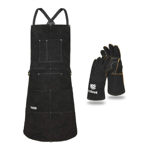 Leather Work Apron with Gloves - 6 Tool Pockets for Men& Women - Welding Apron - Ideal for Woodworking, Blacksmithing, Gardeners, Mechanics, BBQ - Adjustable M to XXXL LeaSeek