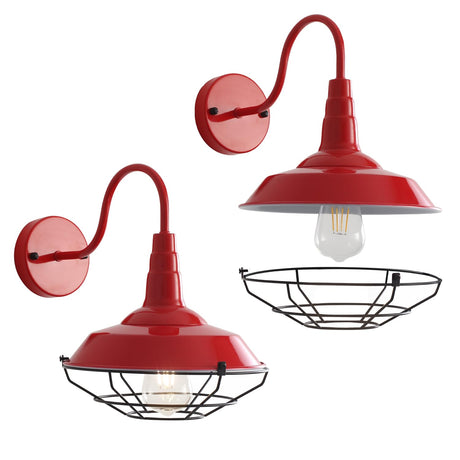 Outdoor Gooseneck Barn Light 2 Pack, Farmhouse Rustic Exterior Wall Sconce, Outside Vintage Metal Cage Light Fixture for Front Door, Industrial Red Wall Mount Lantern Waterproof for Proch Patio Garage Mloukuku