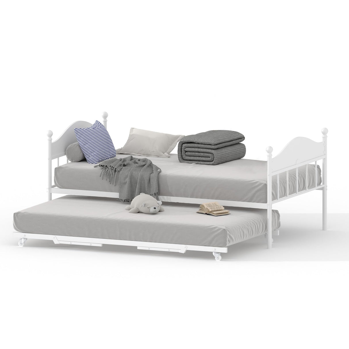 GAOMON Twin Daybed with Trundle, Sturdy Metal Foldable Bed Frame, Metal Double-Sized Sofa Bed, Heavy-Duty Steel Bed Frame, Suitable for Living Rooms, Bedrooms and Guest Rooms, White GAOMON