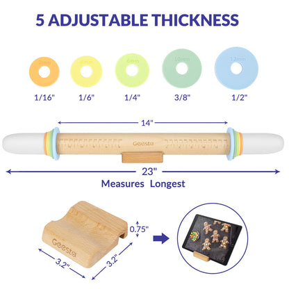 Geesta Adjustable Wood Rolling Pin with 5 Thickness Rings, Precise Dough Roller Handle Press Design with Measurement Guide for Baking Fondant, Pie Crust, Cookie, Pastry - Baking Essential