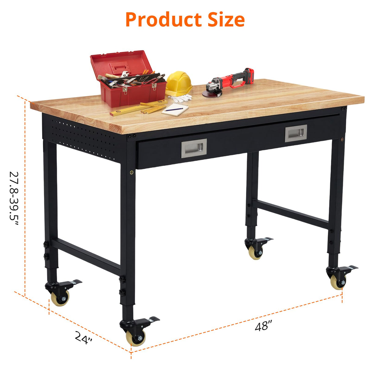 ACONEE Adjustable Height Workbench, 48" Heavy Duty 2000 LB Load Capacity, Solid Rubber Wood Top, Sturdy Metal Frame, Workstation with Drawer & 4 Rolling Casters, Power Outlets for Garage Workshop ACONEE