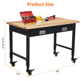 48"x 24" Workbench with Drawer for Garage, Rolling Heavy-Duty Worktable with Power Outlet and Lockable Wheels, Adjustable Height Rubber Wood Top Shop Table for Workshop, 2000LBS Load Capacity ElfinAura