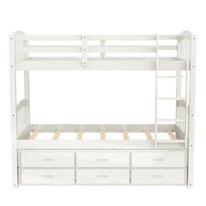 Harper & Bright Designs Twin Over Twin Bunk Bed with Storage Drawers, Solid Wood Bunk Bed Frame with Trundle, for Kids, Teens, Adults (White)