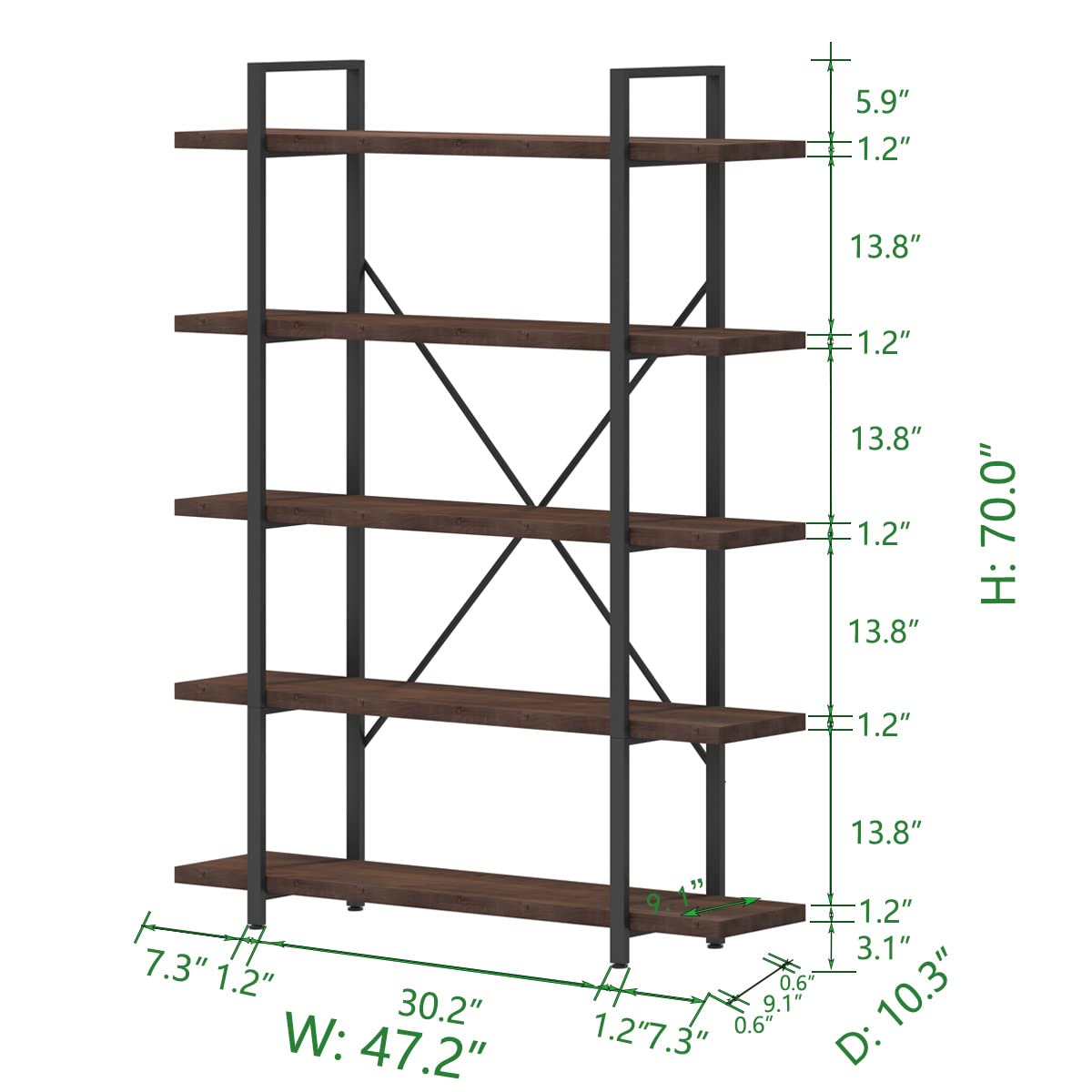 5-Tier Rustic Gray Solid Wood Bookshelf with Industrial Metal Accent - WoodArtSupply