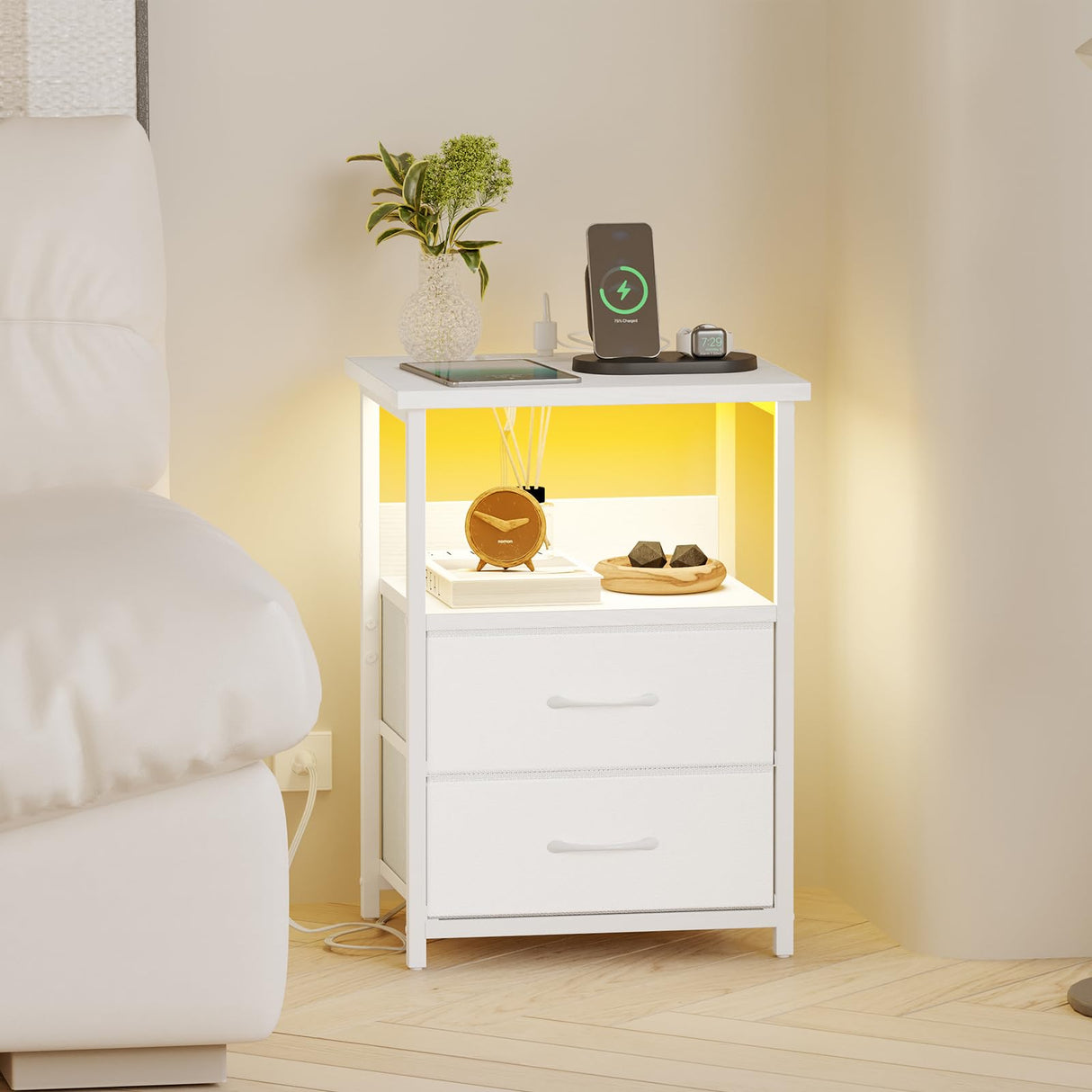 Fixwal Night Stand with Charging Station, LED Nightstand with U-S-B Ports and Outlets, 2 Fabric Storage Drawers with PU Finish, Bed Side Table, White Fixwal