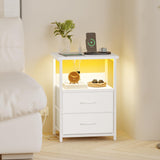 Fixwal Night Stand with Charging Station, LED Nightstand with U-S-B Ports and Outlets, 2 Fabric Storage Drawers with PU Finish, Bed Side Table, White Fixwal