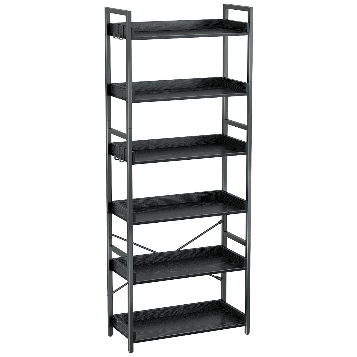 Rolanstar Bookshelf 6 Tier with 4 Hooks, Industrial Wood Bookcase, Vintage Storage Rack with Open Shelves, Rustic Standing Bookshelves Metal Frame Display Rack for Living Room, Bedroom, Black Rolanstar