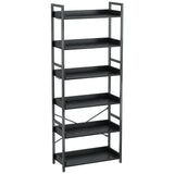 Rolanstar Bookshelf 6 Tier with 4 Hooks, Industrial Wood Bookcase, Vintage Storage Rack with Open Shelves, Rustic Standing Bookshelves Metal Frame Display Rack for Living Room, Bedroom, Black Rolanstar