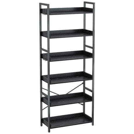 Rolanstar Bookshelf 6 Tier with 4 Hooks, Industrial Wood Bookcase, Vintage Storage Rack with Open Shelves, Rustic Standing Bookshelves Metal Frame Display Rack for Living Room, Bedroom, Black Rolanstar