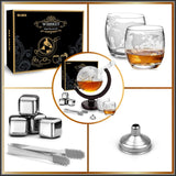 BLOCE Whiskey Decanter Sets for Men with Glasses, Etched World Globe Whiskey Gifts for Dad with 2 Glasses, 4 Ice Cubes Set, Dad Birthday Gift for All Kinds of Alcohol Drinks and Vodka BLOCE
