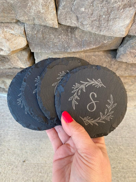 Set of 4 Slate Drink Coasters, Personalized Housewarming Gift, Personalized Gifts, Wedding Couples Gift, Engraved Stone Coasters, Custom Gift Set, Monogram Coasters, New Home Gifts, Drinkware Generic