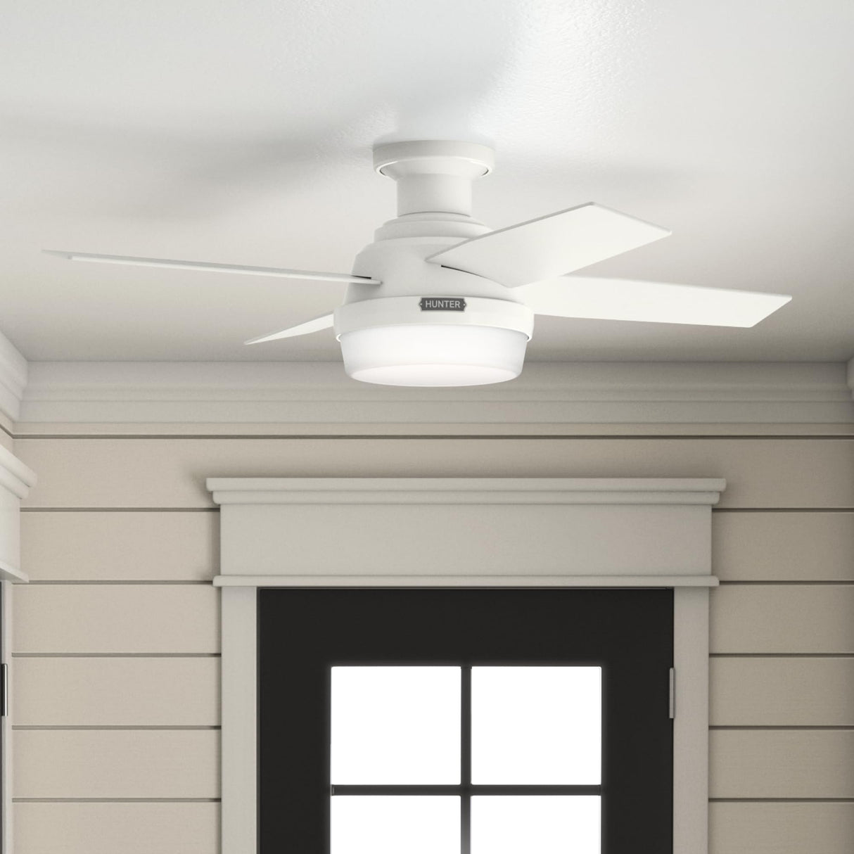 Hunter Fan Dempsey Low Profile Ceiling Fans with Lights and Remote, Flush Mount Ceiling Fan with Lights, Metal, Fresh White, 44 Inch LED Hunter