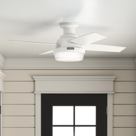 Hunter Fan Dempsey Low Profile Ceiling Fans with Lights and Remote, Flush Mount Ceiling Fan with Lights, Metal, Fresh White, 44 Inch LED Hunter