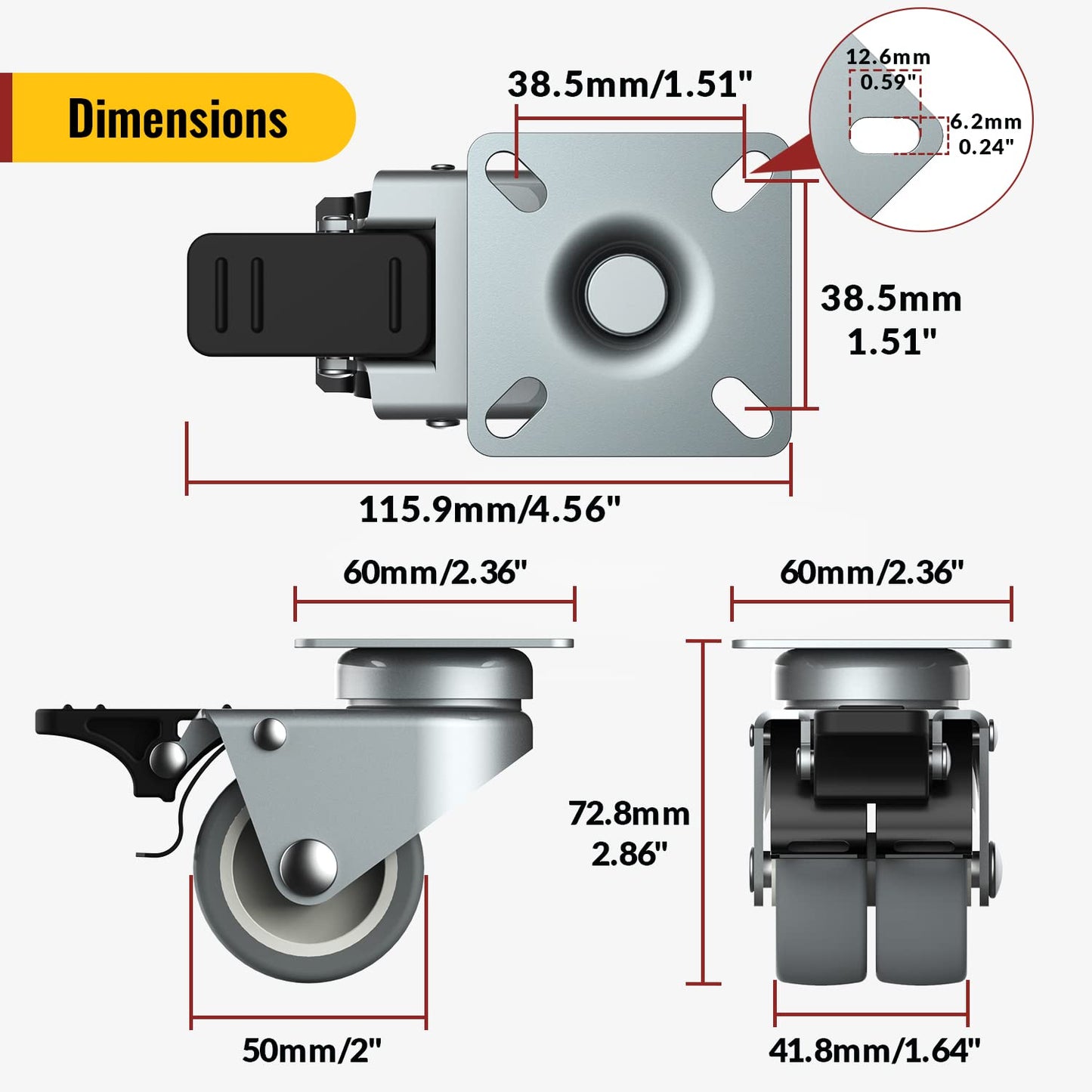 2 inch Swivel Caster Wheels Set of 4 - Heavy Duty Casters for Furniture - No Noise TPR Wheels - with Screws - Total Capacity 880 lbs (2 with Brakes)