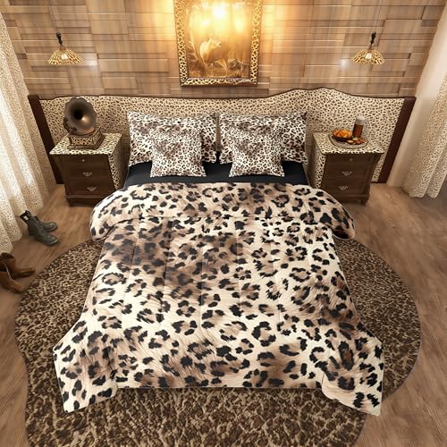 Erosebridal Leopard Print King Comforter Set Cheetah Not Real Fur 7-Piece Bed in A Bag Wild Animal Jungle Ombre Cowhide Fur Sheets and Pillowcases Beige Brown Bed Sets Erosebridal