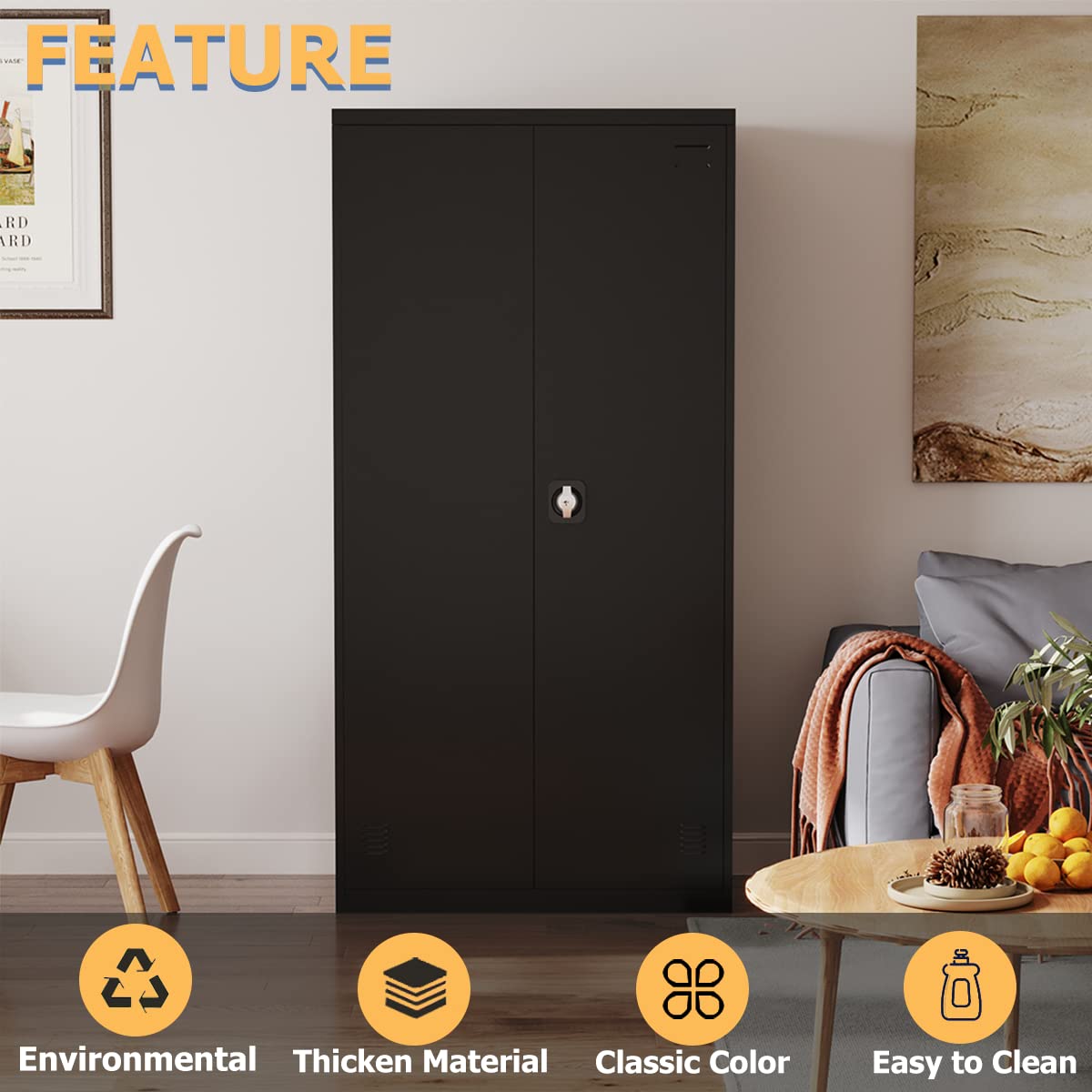 EazeHome Metal Garage Storage Cabinet, 72" Tall Steel File Cabinet with 2 Lockable Doors and Adjustable Shelves, Heavy Duty Tool Cabinet for Garages, Offices, Kitchens, Gyms, Black EazeHome