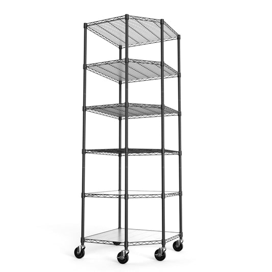 6 Tier NSF Metal Corner Shelf Wire Shelving Unit, 2100lbs Capacity Heavy Duty Adjustable Pentagonal Storage Rack with Wheels & Shelf Liners for Kitchen Garage Room Corner, 82"H x 27"L x 27"D - Black