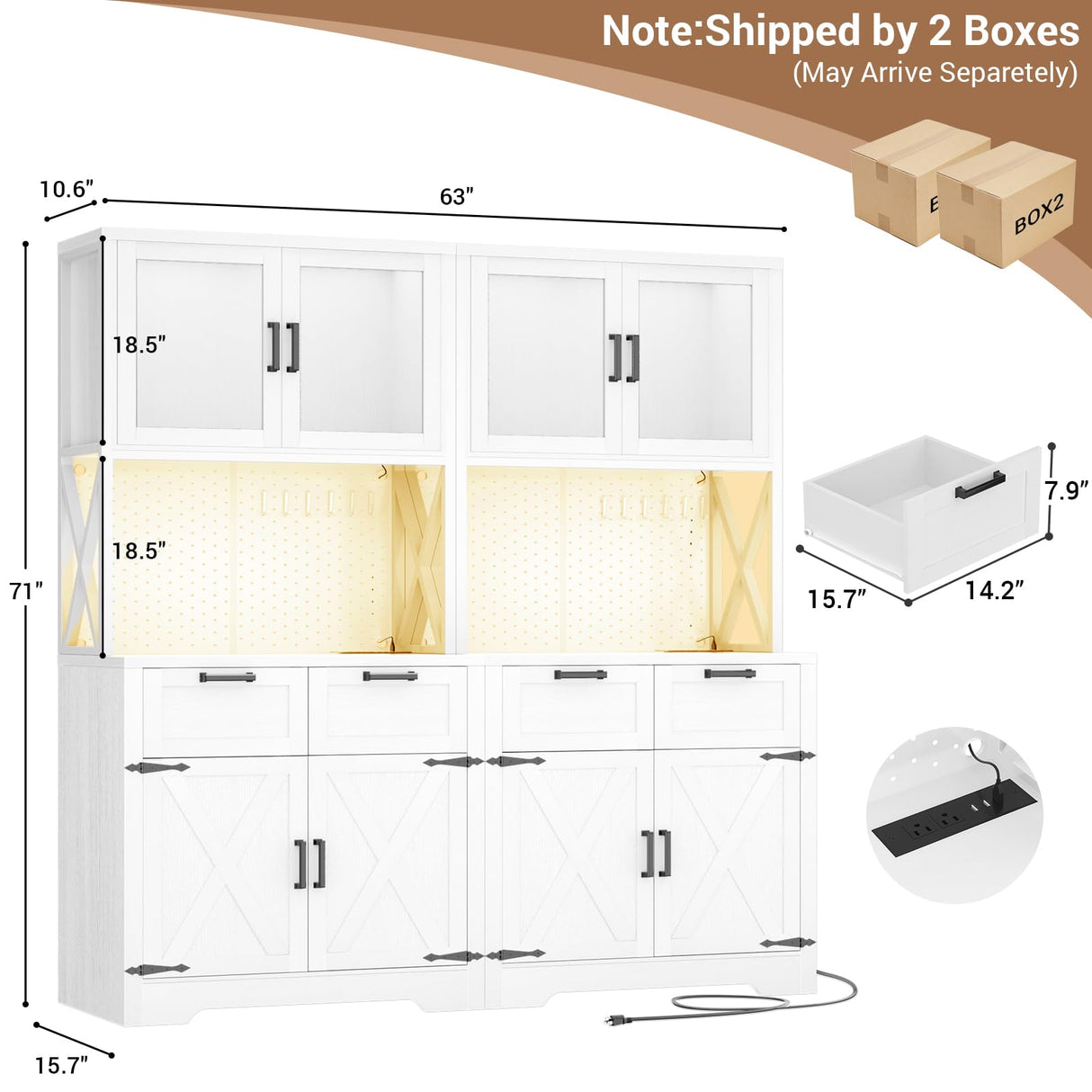Unikito 71" Tall Kitchen Pantry Storage Cabinet with LED Light & Outlet, 63" Wide Kitchen Hutch Cabinet with Large Countertop, DIY Pegboard and Drawers, Farmhouse Food Pantry for Living Room, White Unikito