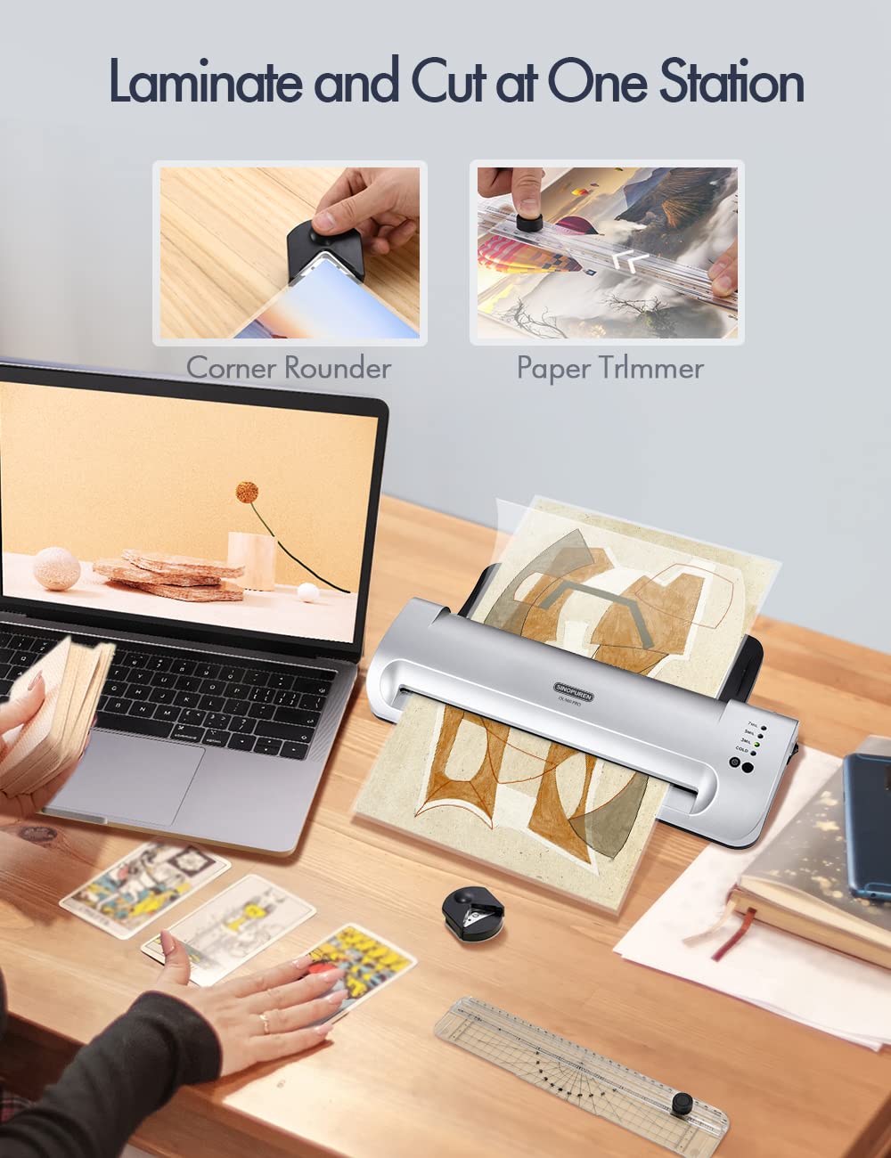 Laminator Machine, SINOPUREN 13-inch Thermal Laminator, with Paper Trimmer, Corner Rounder, 10 Pouches Sheets, Quick Warm-Up, Cold and Hot Laminating for Home/School/Office SINOPUREN