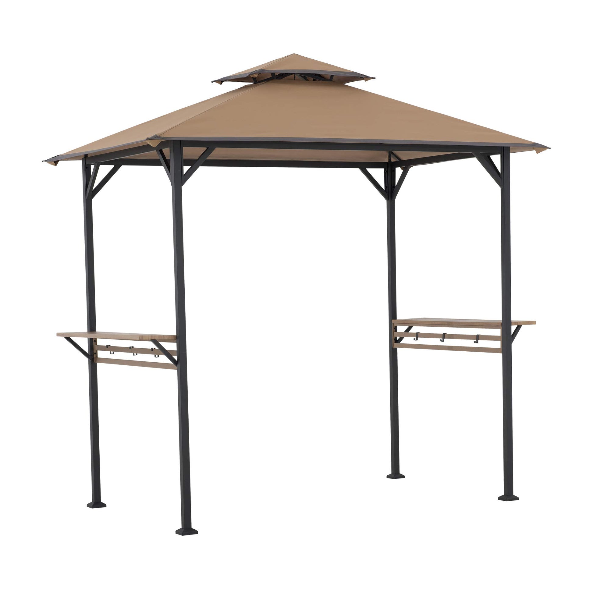 Sunjoy 5 x 8 ft Grill Gazebo with Double Tiered Canopy Roof, Black Steel Frame Grill Gazebo for Outdoor, Patio, Garden, and Backyard Activities, Khaki - WoodArtSupply