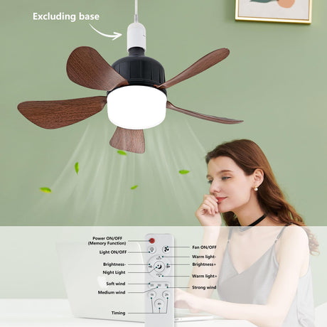 Dalouguan Socket Fan Light with Remote, 18" Wood Dimmable LED Small Ceiling Fans with Lights, 3 Colors 3000K-6500K Replacement Light Bulb Fan for Bedroom Kitchen Living Room Garage Dalouguan