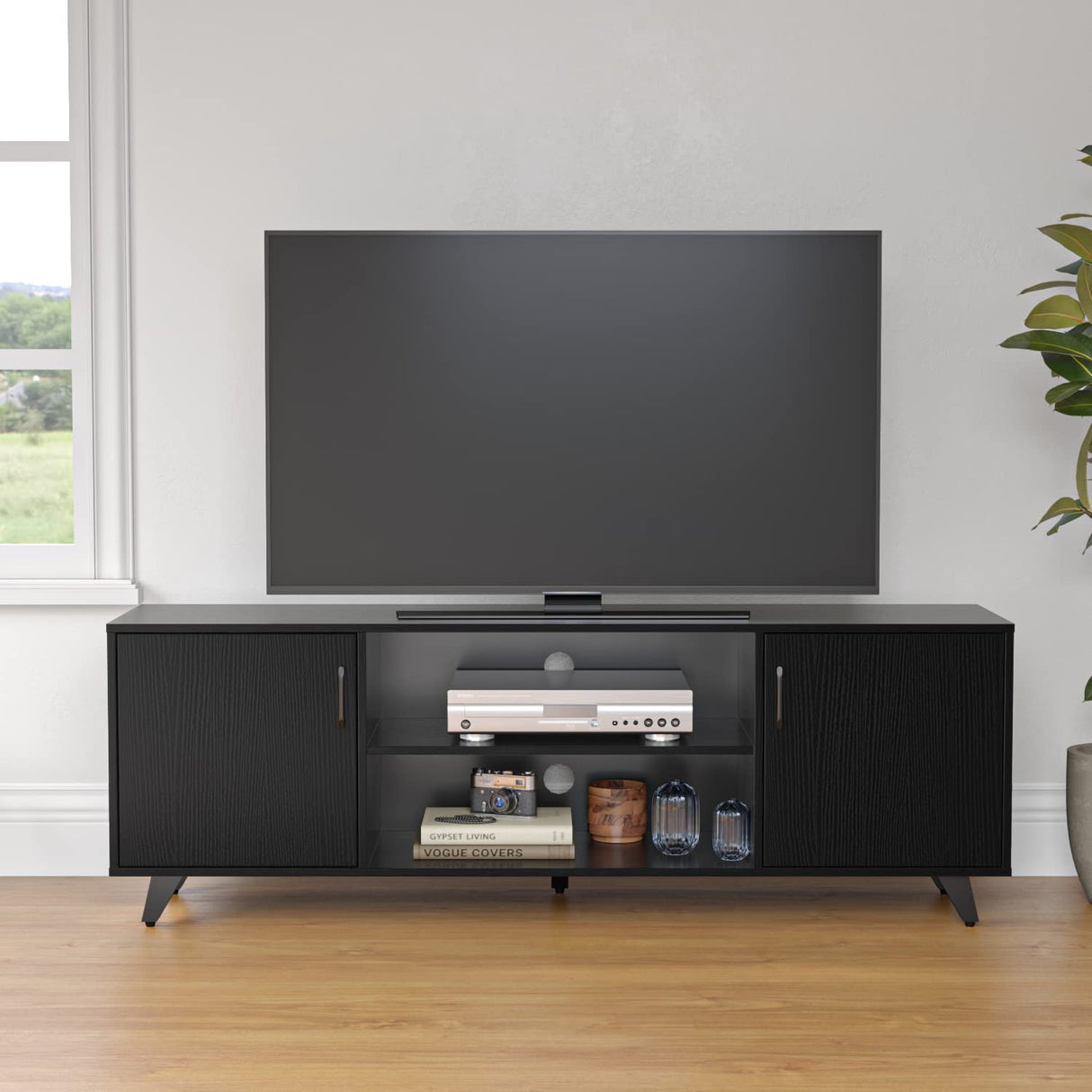 Panana TV Stand Television Stands TV Console Unit with Shelf and 2 Doors Storage Cabinets for Living Room Bedroom for TVs up to 70 Inches (Black, 62.99 inch) Panana
