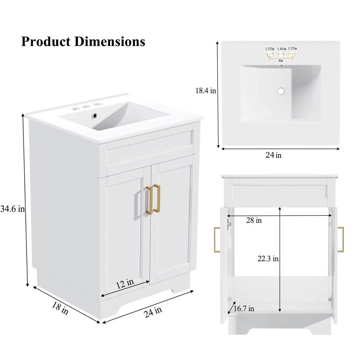 Smhxo Bathroom Vanity with Ceramic Sink, Bathroom Vanity Cabinet with 2 Doors, 24 Inches Wooden Bathroom Sink Cabinet, White Smhxo