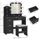 Quimoo Vanity Desk with Mirror and 10 LED Lights, Makeup Vanity with Charging Station and 4 Drawers Chest & Shelves, Vanity Set, Vanity Table with Cushioned Stool, for Bedroom, Black Quimoo