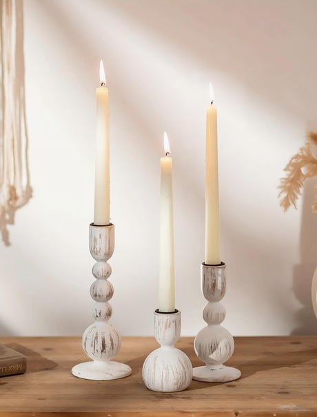 NUPTIO Taper Candle Holders Decor: Set of 3 Wooden Candlestick Holders Mantel Decor - Boho Farmhouse Rustic White NUPTIO