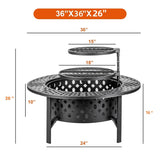 OutVue 36 Inch Fire Pit with 2 Grills, Wood Burning Fire Pits for Outside with Lid, Poker and Round Waterproof Cover, BBQ& Outdoor Firepit & Round Metal Table 3 in 1 for Patio, Picnic, Party OutVue