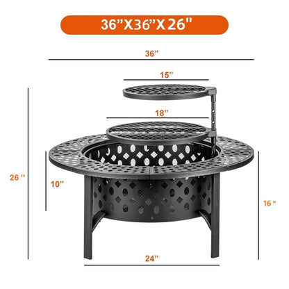 OutVue 36 Inch Fire Pit with 2 Grills, Wood Burning Fire Pits for Outside with Lid, Poker and Round Waterproof Cover, BBQ& Outdoor Firepit & Round Metal Table 3 in 1 for Patio, Picnic, Party - WoodArtSupply