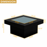 Square Coffee Table with LED Lights, 35.4" Coffee Tables for Living Room, Tempered Glass-top Coffee Table, Black Modern Center Table, Engineered Wood Low Coffee Table for Home Office Gyfimoie