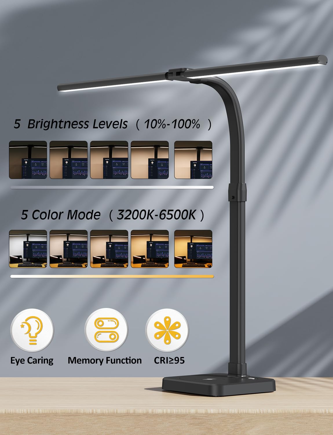 AKRRYR LED Desk Lamp for Home Office, Double Head 24W with USB Charging Port & Wireless Charger, Architect Light 5 Lighting Brightness Flexible Gooseneck Table Reading Study, Black AKRRYR