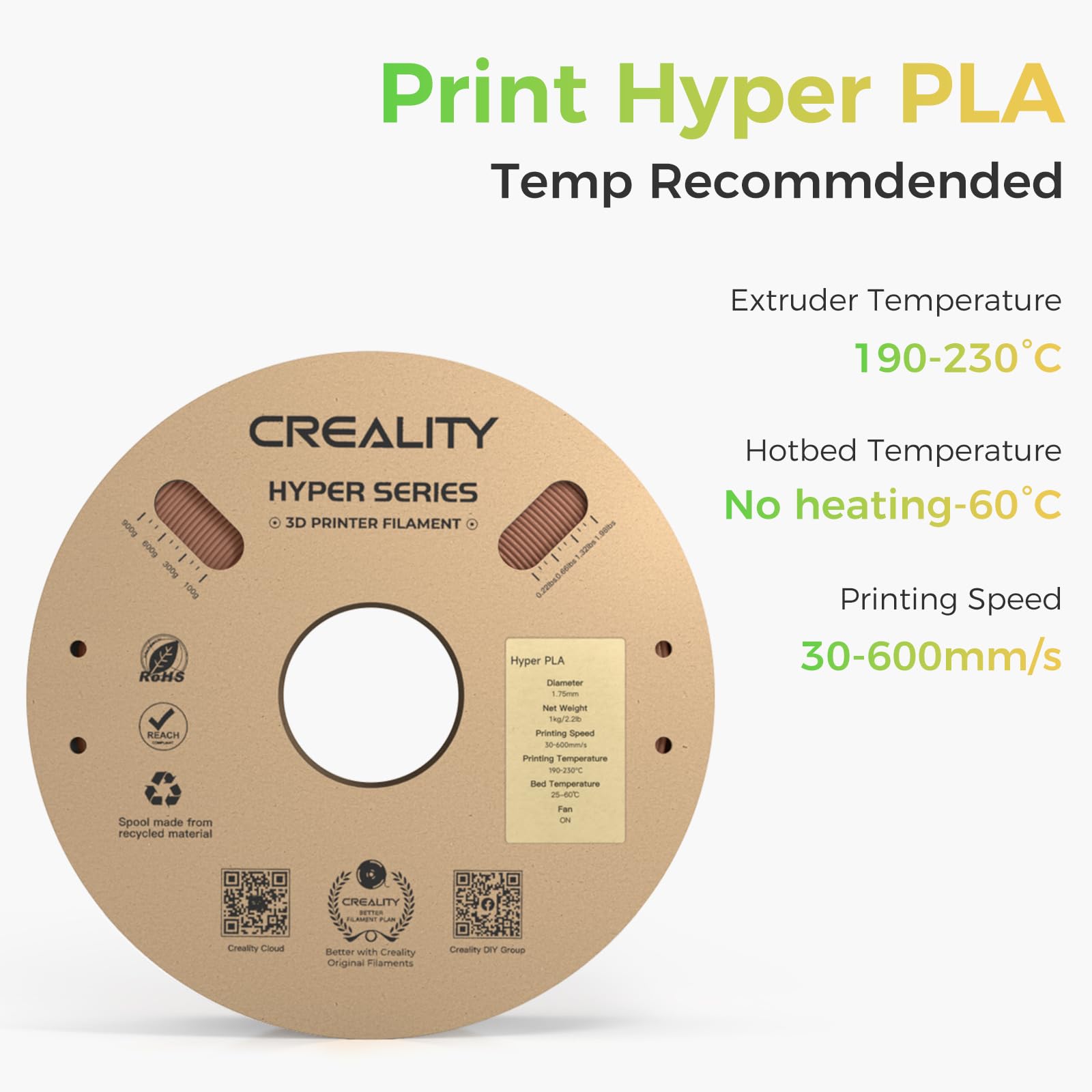 Creality Hyper PLA Filament 1.75mm, 3D Printer Filament, for High-Speed Printing, Neatly Wound Filament, Durable and Strong Toughness Dimensional Accuracy +/-0.02mm, 2.2lbs(1kg)/Spool (Brown) - WoodArtSupply