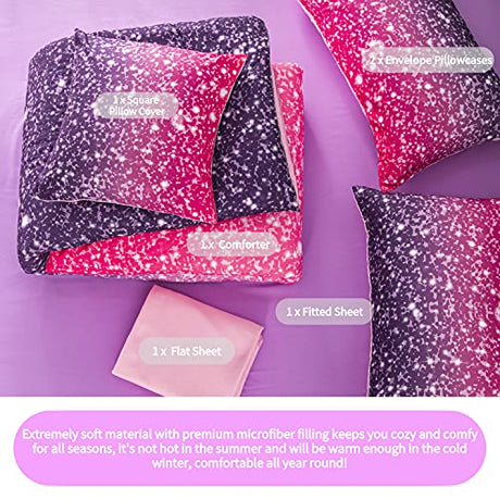RYNGHIPY 6Pcs Twin Gradient Pink Purple Glitter Comforter Sets for Teens Girls Kids, Colorful Rainbow Glitter Themed Bedding Set RYNGHIPY