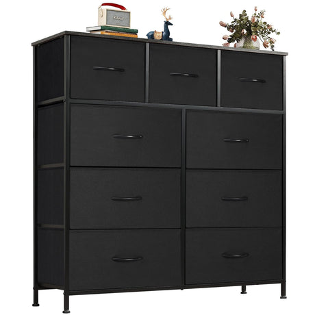 OLIXIS Dresser for Bedroom, 9 Storage Drawers, Wide Fabric Closet Chests Organizer Tower Furniture, TV Stand with Wooden Top Metal Frame for Clothes, Living Room, Hallway, Entryway, Black OLIXIS