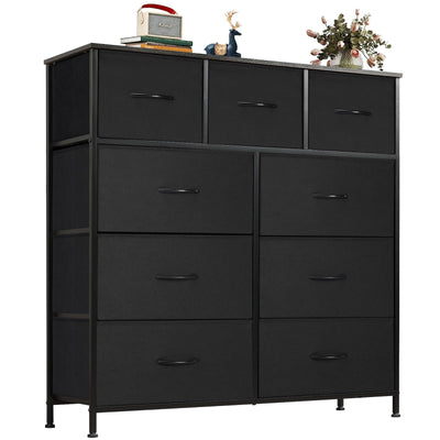 OLIXIS Dresser for Bedroom, 9 Storage Drawers, Wide Fabric Closet Chests Organizer Tower Furniture, TV Stand with Wooden Top Metal Frame for Clothes, Living Room, Hallway, Entryway, Black