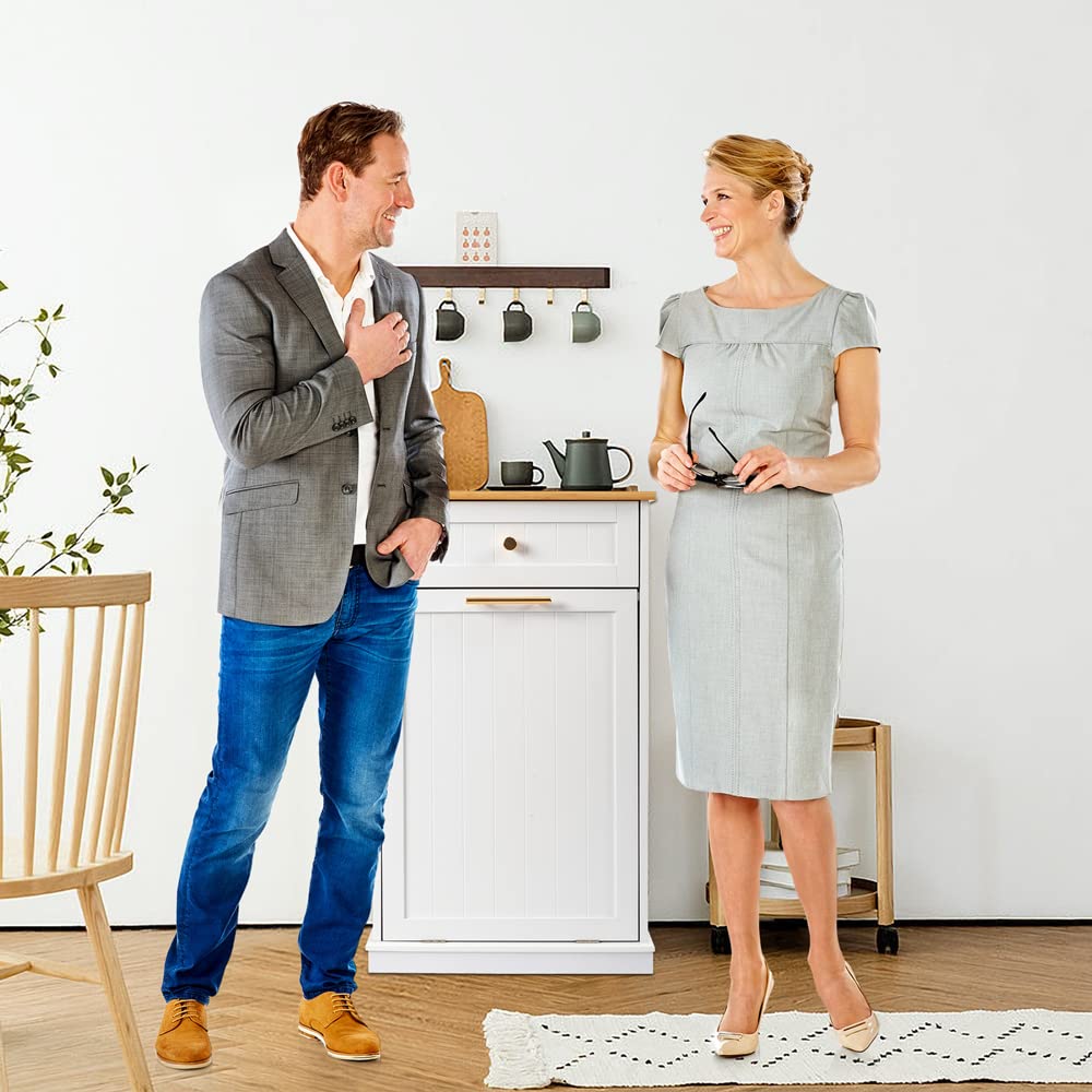 VINGLI Tilt Out Trash Cabinet, Garbage Can Cabinet with Drawer, 10 Gallon Movable/Freestanding Pet Proof Storage Organizer, Modern Trash Can Kitchen Cabinet, Living Room Storage, White VINGLI