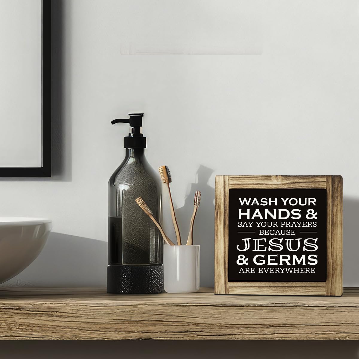Christian Bathroom Sign - Wash Hands & Prayers, Rustic Wooden Tabletop Art, Farmhouse Washroom Decor JXZOLQ