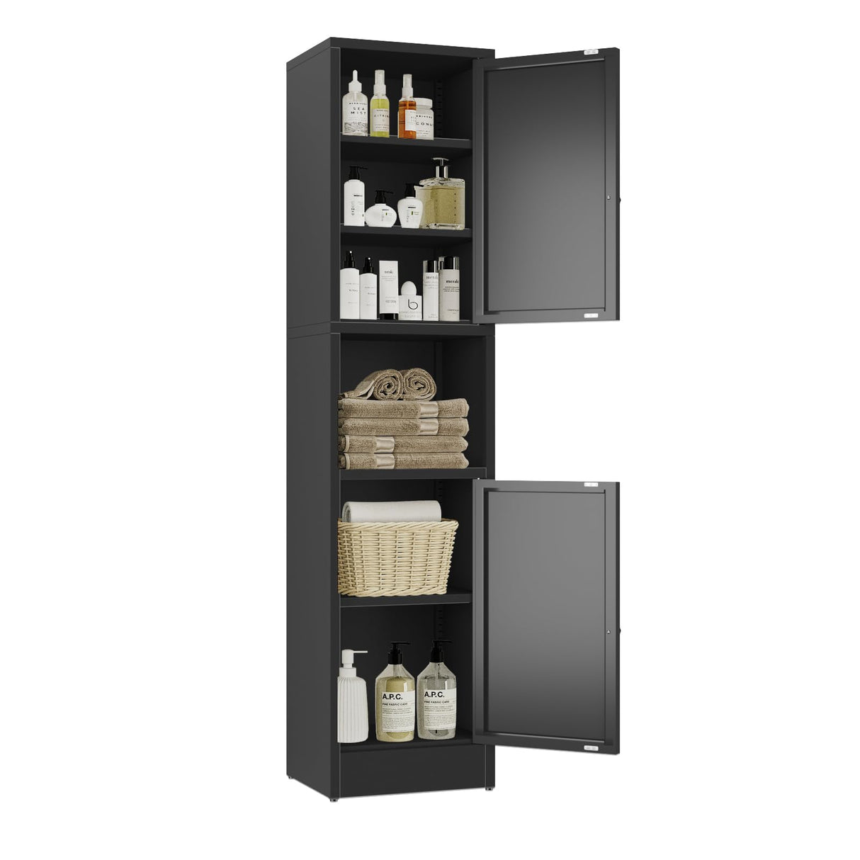 YAUWOH Black Tall Metal Storage Cabinet,Metal Locker Storage Cabinet with 3 Adjustable Shelves and 2 Doors,Narrow Sideboard for Small Spaces, Living Room, Home Office, Dining Room YAUWOH