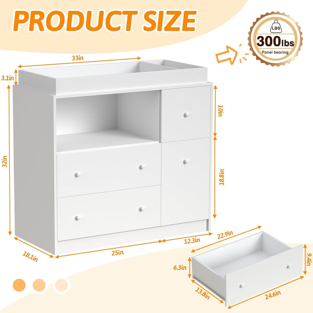 GOFEI Baby Changing Dresser with Large Tabletop, 3 Drawers, Open Storage Space, and Open Storage Shelf – Ideal Changing Table for Nurseries and Baby Rooms GOFEI