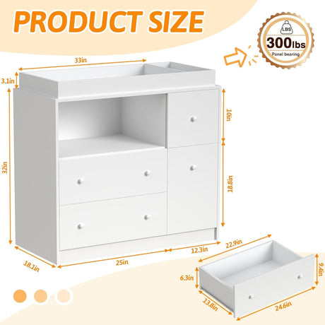 GOFEI Baby Changing Dresser with Large Tabletop, 3 Drawers, Open Storage Space, and Open Storage Shelf – Ideal Changing Table for Nurseries and Baby Rooms GOFEI