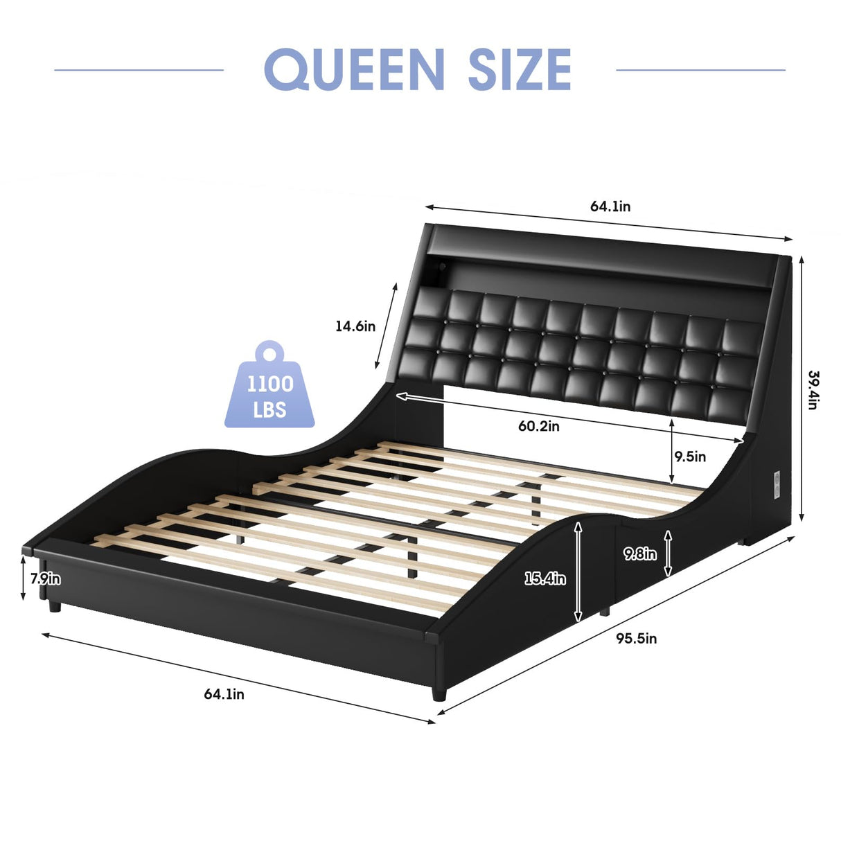 Fameill LED Queen Size Bed Frame with Bluetooth Speaker & Charging Station, PU Leather Upholstered Platform Bed Frame with Modern Wave-Like Curve, Low Profile, Noise Free, No Box Spring Needed, Black Fameill
