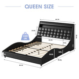 Fameill LED Queen Size Bed Frame with Bluetooth Speaker & Charging Station, PU Leather Upholstered Platform Bed Frame with Modern Wave-Like Curve, Low Profile, Noise Free, No Box Spring Needed, Black Fameill